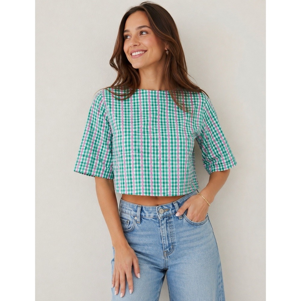 BURU Green Pink Gingham Cropped Blouse Top 100% Cotton Short Sleeve Sz M